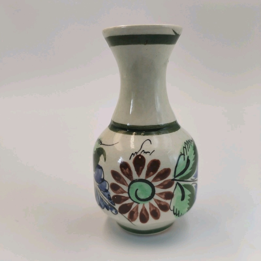 Vintage Tonala Mexican Pottery Mini Bud Vase Hand Painted Floral Folk Art 4"